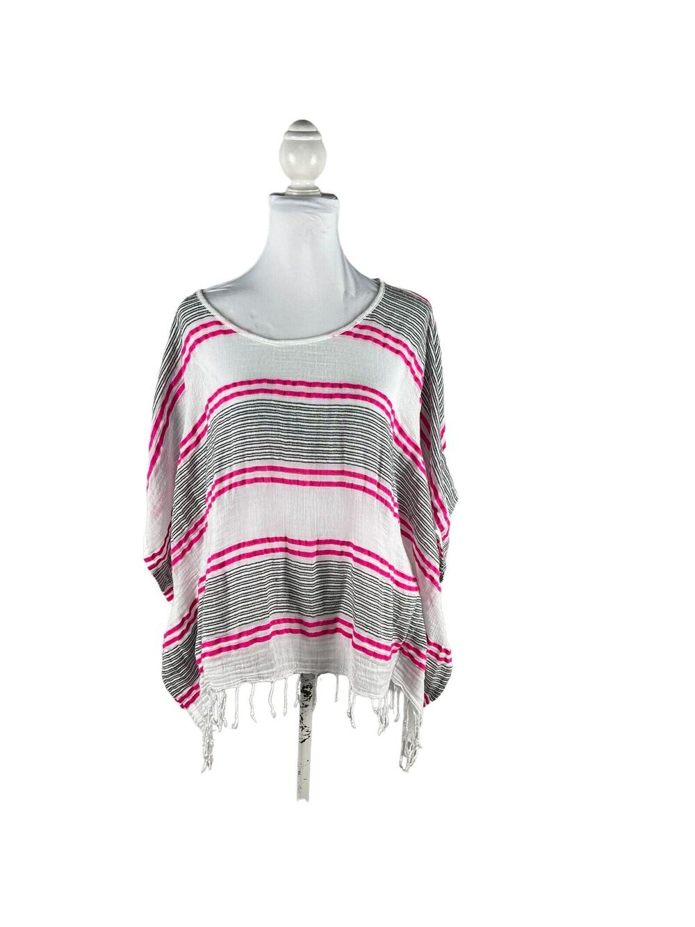 Fresh Produce Size L Gauze Fringed Poncho Blouse Cover Up Striped